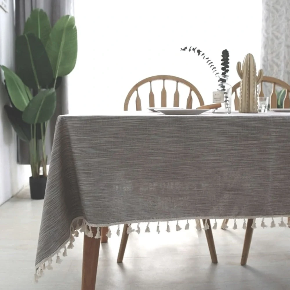 Boho Fringe tassel woven Gray and white stripes Tablecloth or throw blanket